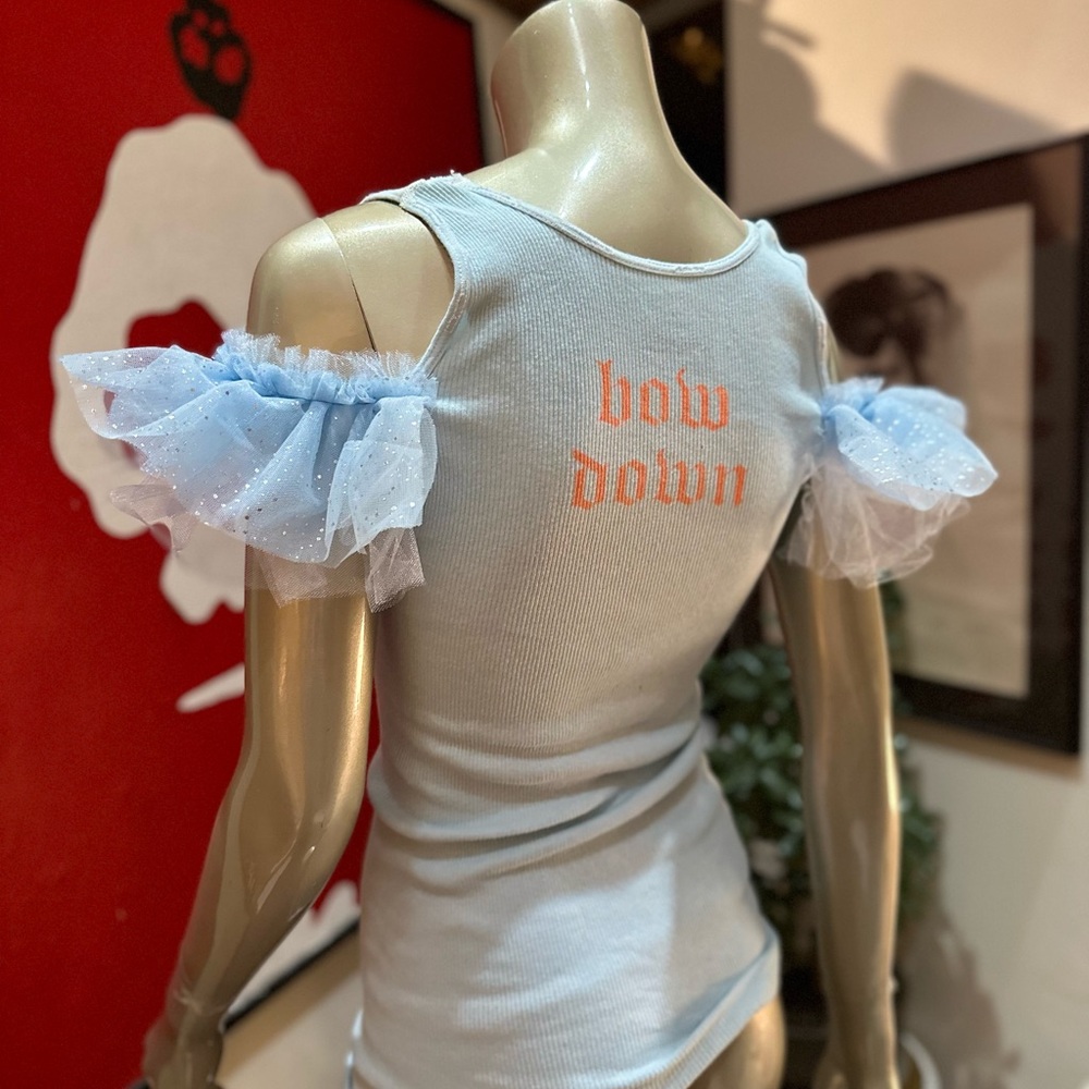 BOW DOWN distressed ribbon keyhole handmade tank flutter sleeves distressed M - Picture 9 of 11